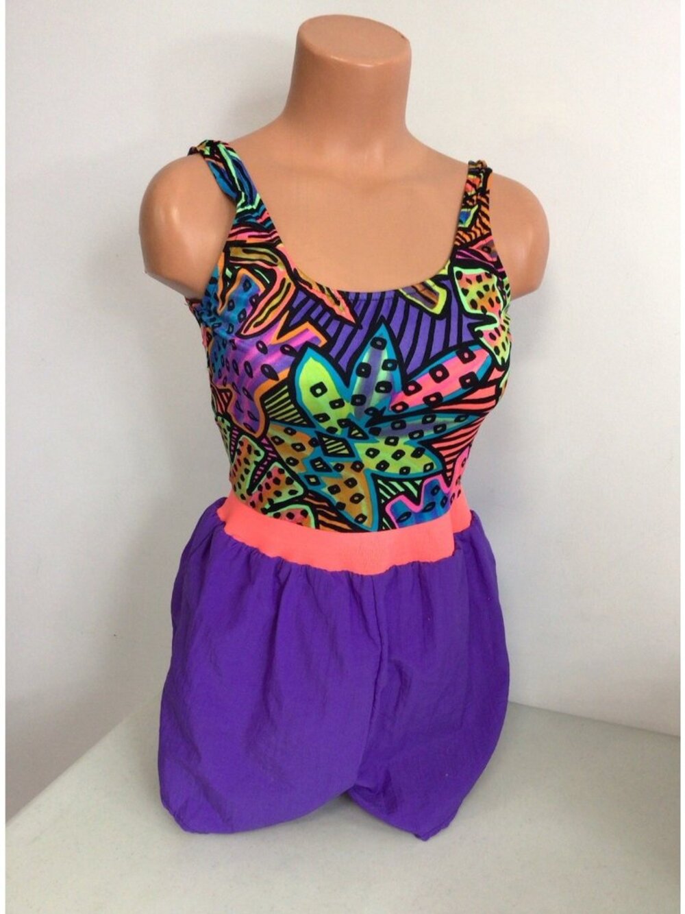 Vintage Sun Streak Neon Playsuit Swim Shorts Romper 90’s Print Womens 10